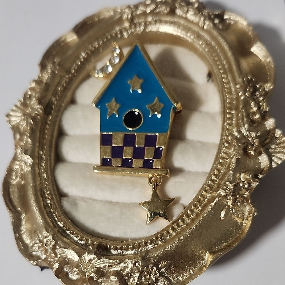 Birdhouse Brooch Enamel Turquoise & Purple Gold-Tone